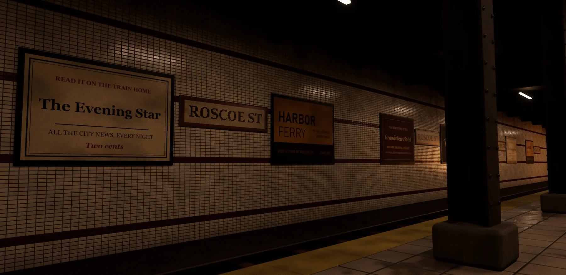 Our own test set: a subway platform under strip lights, remastered and path traced. Not a game's level.