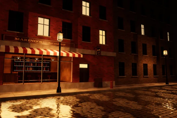 Our own test set: a corner bar on a wet street at night, path traced