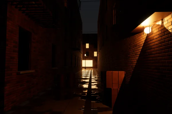 Our own test set: a back alley with fire escapes and one caged bulb, path traced