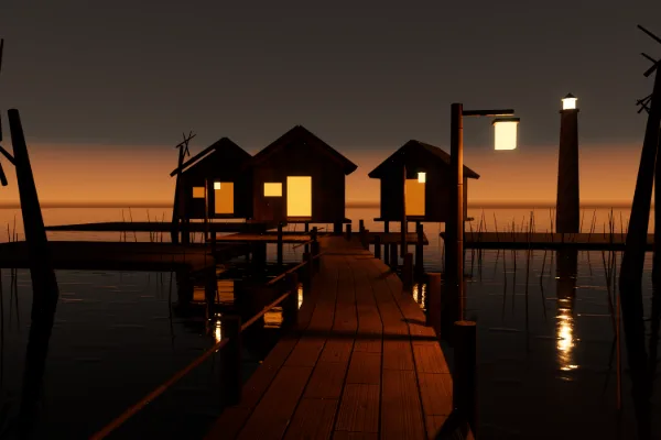 Our own test set: a swamp boardwalk with stilt huts at dusk, path traced
