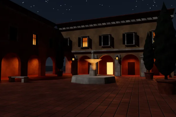 Our own test set: a villa courtyard with arches under the moon, path traced
