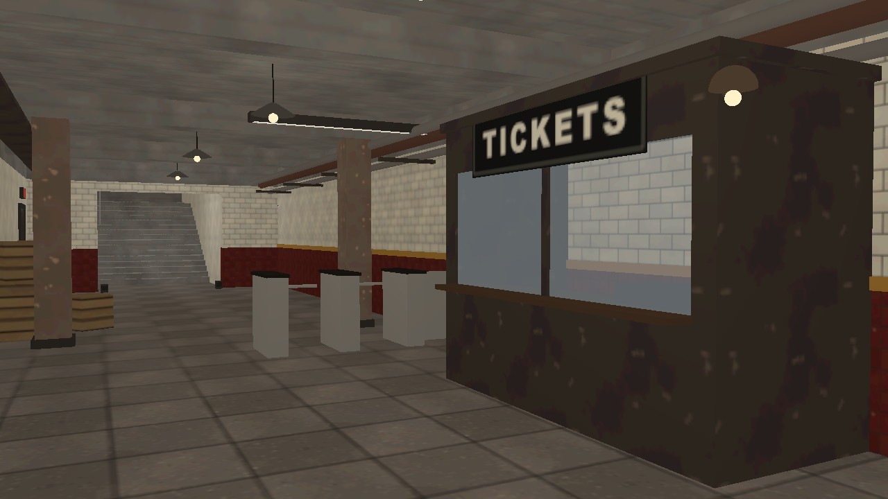 The ticket booth of our own test level, as it looked before: baked light, flat textures