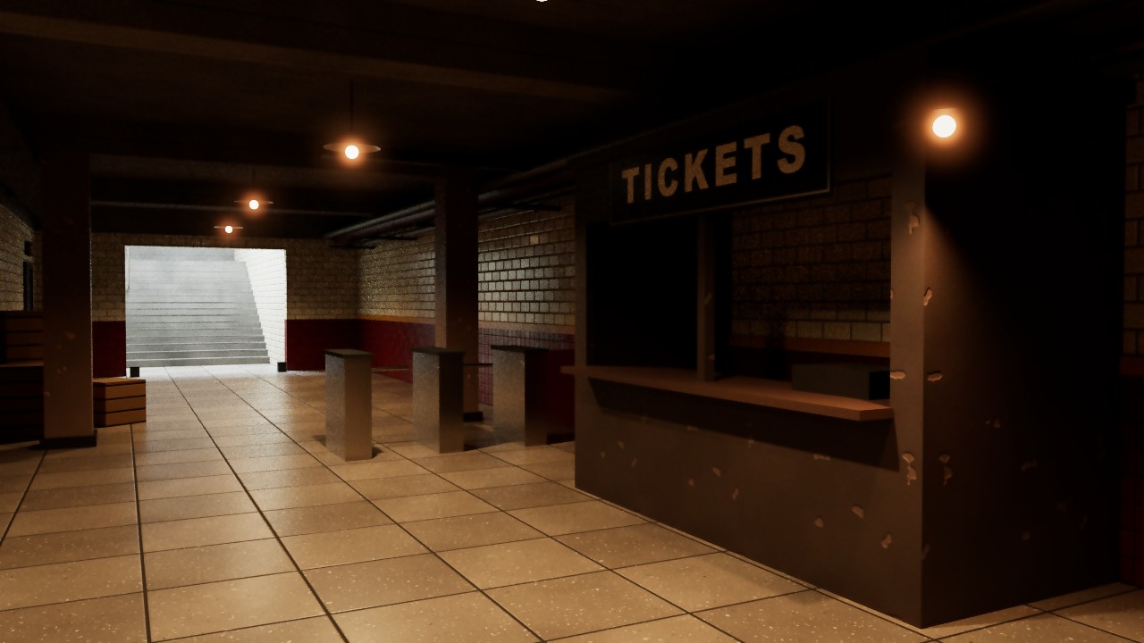 The ticket booth of our own test level, remastered: real lights, path traced