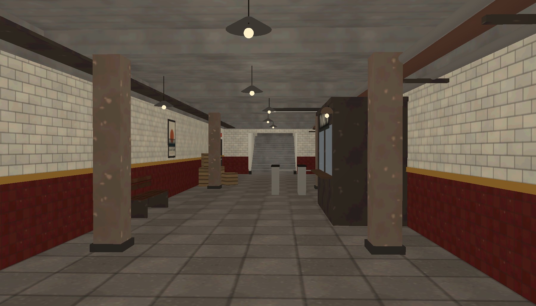the concourse of our own stand-in station, as it looked before: baked light, flat textures
